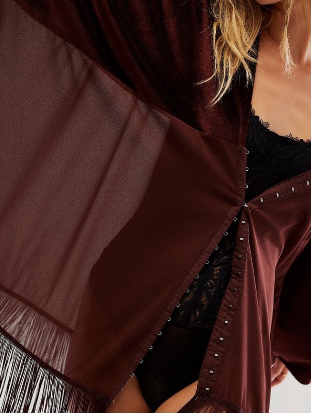 Free People Velvet Dreams Fringe Kimono Aubergine One Size OS Boho NWOT - Picture 14 of 15